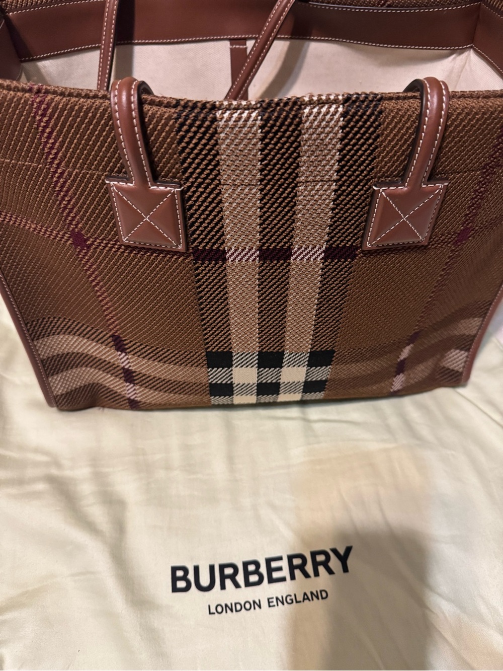 Burberry Brown Checked Canvas Knit Tote with Leather Trim - Picture 2 of 7